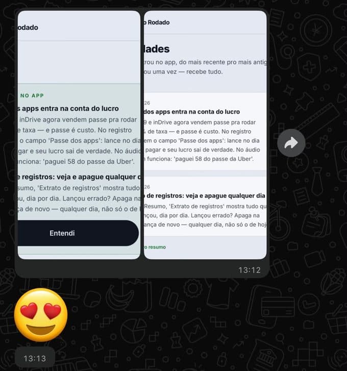 Print de WhatsApp: cliente reage com emoji apaixonado às novidades do app